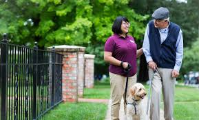 Caregiver from Home Instead Senior Care - El Paso assisting elderly man with walking a dog